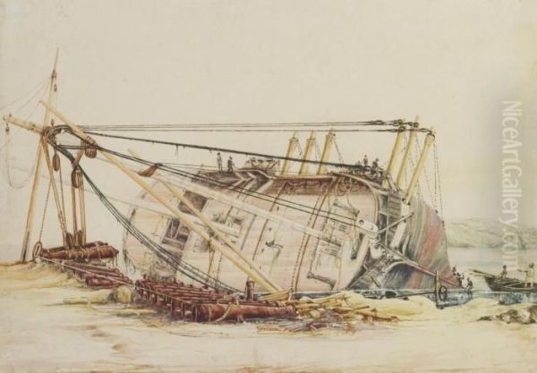 An Armed Vessel Careened On The 
Beach With Its Cannon Ashore And Workers Cleaning Its Hull - view 1