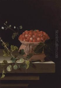 A Bowl Of Strawberries With Gooseberries On A Stone Ledge