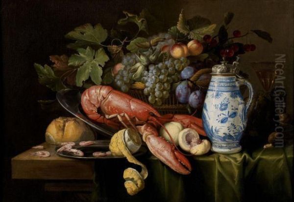 Composition A La Corbeille De Fruits, Au Homard Et A La Bouteille En Faience De Delft - view 1