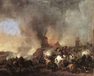 Cavalry Battle in front of a Burning Mill 1660s by Philips Wouwerman