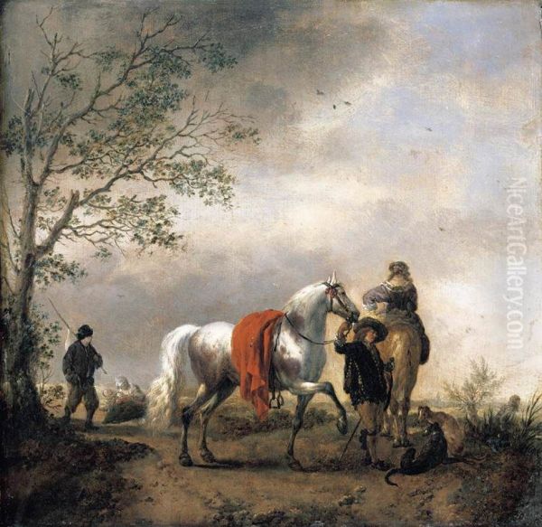 Cavalier Holding A Dappled Grey Horse - view 1