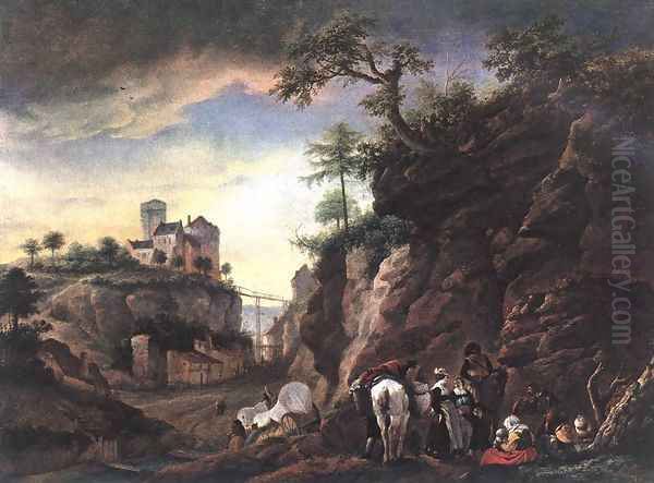 Rocky Landscape With Resting Travellers - view 1