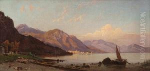 Veduta Del Lago Di Nemi Con Barca E Pescatore A Riva