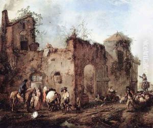 Courtyard with a Farrier Shoeing a Horse