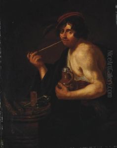 A Man Smoking, Holding An Earthenware Jar In His Left Hand