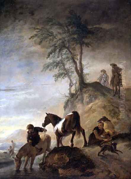Riders watering their horses - view 1