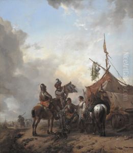 Soldiers carousing with a serving woman outside a tent