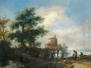A river landscape with a gentleman and lady riding to the chase