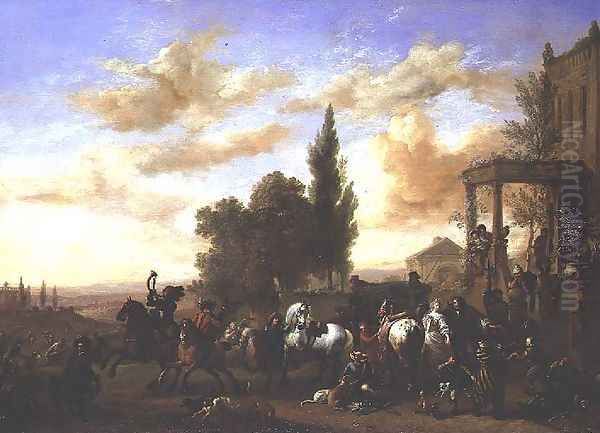 The Departure of a Hunting Party from a mansion by Philips Wouwerman