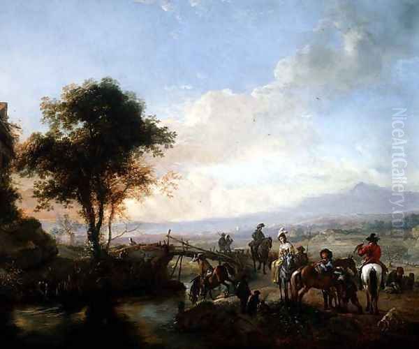 River landscape with travellers by a bridge - view 1