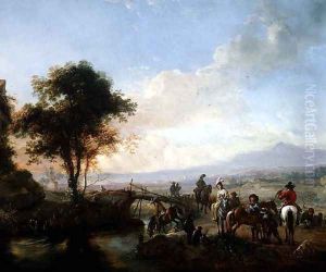 River landscape with travellers by a bridge by Philips Wouwerman