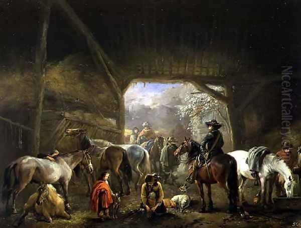 Sheltering from the Storm: a Stable with Travellers Resting on their Mounts - view 1
