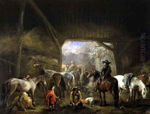 Sheltering from the Storm: a Stable with Travellers Resting on their Mounts by Philips Wouwerman