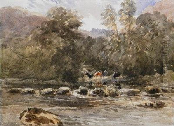 Cattle Watering In A Wooded River Landscape - view 1