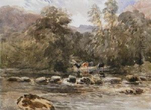 Cattle Watering In A Wooded River Landscape