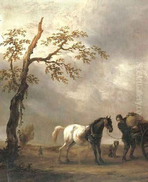 A horse stalling with a peasant loading a cart in a landscape - view 1