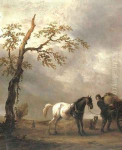 A horse stalling with a peasant loading a cart in a landscape