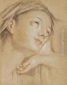 The Head Of The Virgin, Looking Up To The Right, With A Subsidiary Study Of A Hand by Charles-Antoine Coypel