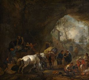 A grotto with travellers unloading a wagon, a gypsy fortune-teller, a blacksmith and other figures