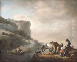 A river landscape with peasants and horses on the shore and a ferry crossing