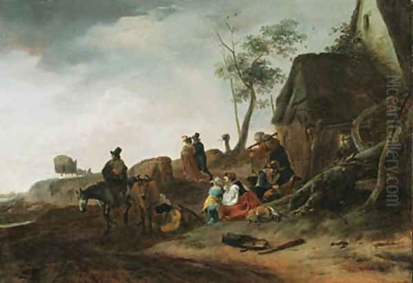 A traveller on horseback, a milkmaid and peasants by a cottage in a landscape, an elegant couple and a carriage beyond - view 1