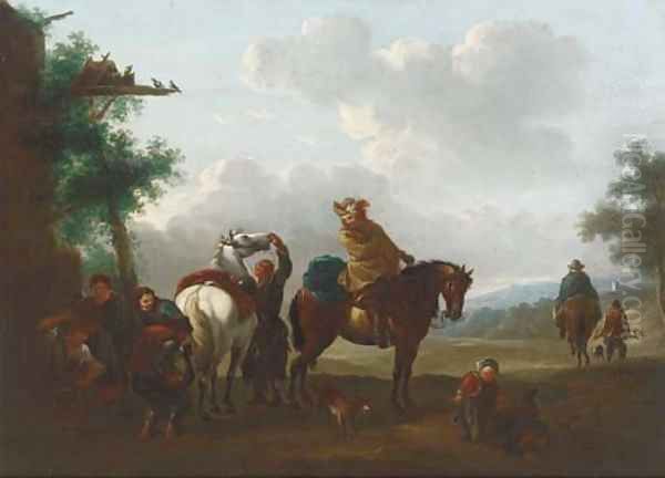 Travellers at halt by a blacksmith's cottage - view 1