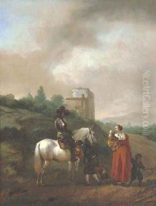 A man on a white horse conversing with a woman and children on a track, a house beyond by Philips Wouwerman
