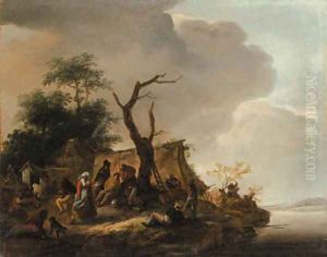 Peasants merrymaking by a river by Philips Wouwerman
