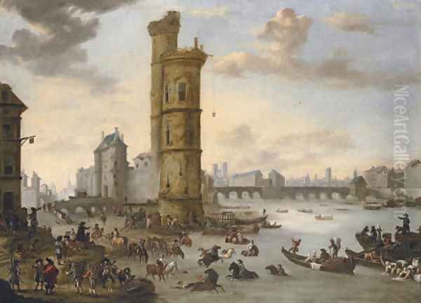 Horsemen bathing their mounts at the Tour de Nesle with the Porte de Nesle and the Pont-Neuf beyond, Paris - view 1