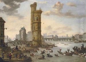 Horsemen bathing their mounts at the Tour de Nesle with the Porte de Nesle and the Pont-Neuf beyond, Paris