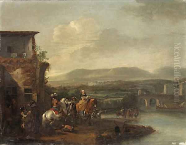 Travellers outside an Inn by a River, an extensive landscape with a bridge and a manor house beyond - view 1