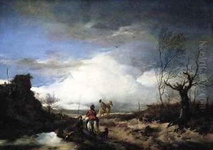 Two men hawking in an extensive landscape