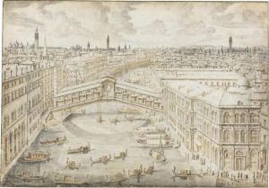A View Of The Grand Canal And
The Rialto Bridge, Venice, With Many Small Boats In The Foreground by Lieven Cruyl