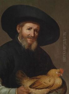 Portrait Of A Bearded Man In A Hat And Black Cloak Holding A Cock by Jacob Gerritsz. Cuyp