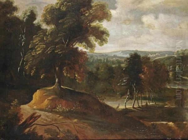 A Wooded Landscape With A Figure Walking Up A Hill, A Church Beyond - view 1