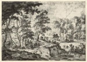 Weite Baumlandschaft Mit Kleinem Dorf by Jaques D'Arthois