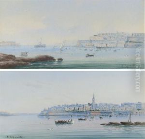Fishing Boats Off The Coast, Valetta; And Valetta From Thecoast by Vincenzo D Esposito