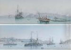 A Squadron Of Cruisers Lying In 
Grand Harbour, Valetta; And Acruiser Departing From Malta by Vincenzo D Esposito