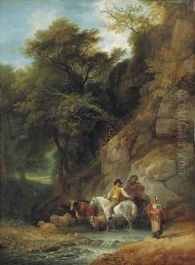 Figures and livestock at a woodland pool in Hawkstone Park, Shropshire by Francis Wheatley