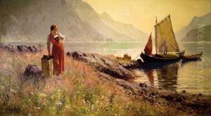 Norwegian Lakeside Landscape With Figures by Hans Dahl
