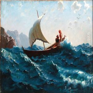 A Girl And A Fisher In A Boat In High Waves by Hans Dahl