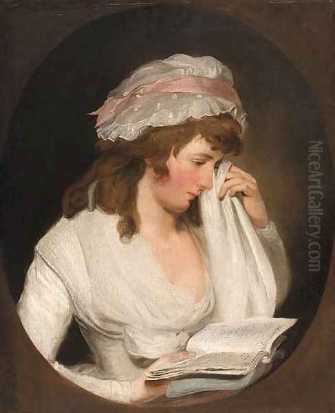 Portrait of a young lady, half-length, in a white dress and cap bonnet reading from Romeo and Juliet, feigned oval - view 1