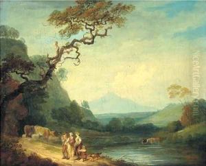 A river landscape with figures and cattle on a road by Francis Wheatley