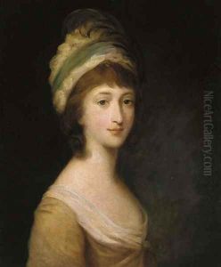 Portrait of Miss Anne Crawley, bust-length, in a yellow dress and feathered cap