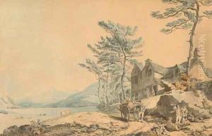 View of Coniston Water, Cumbria, with figures and a farm-cart in the foreground by Francis Wheatley
