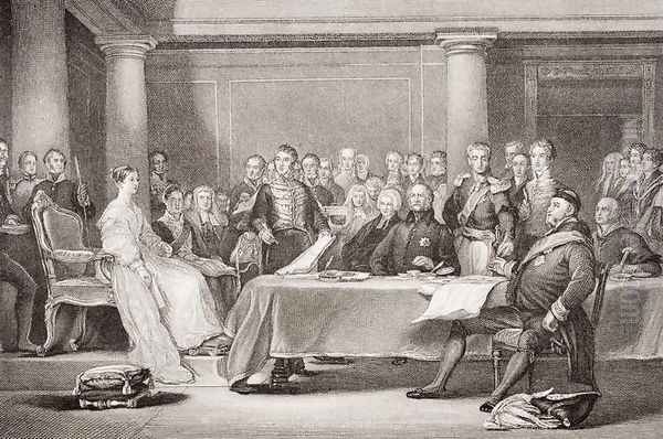Queen Victoria's first Council, Kensington Palace, 21 June 1837, from llustrations of English and Scottish History Volume II - view 1