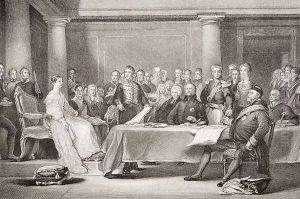 Queen Victoria's first Council, Kensington Palace, 21 June 1837, from llustrations of English and Scottish History Volume II by Sir David Wilkie