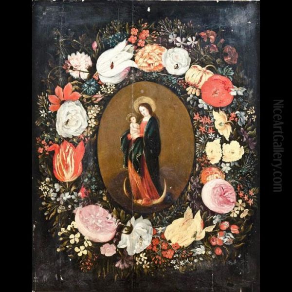 Madonna Col Bambino Entro Ghirlanda Di Fiori - view 1