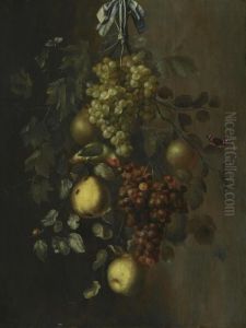 A Festoon Of Grapes, Apples And 
Pears Hanging From A Nail, With Snails, Butterflies And A Parrot