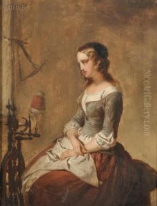 Woman Seated Beside A Spinning Wheel by Eugene Francois De Block